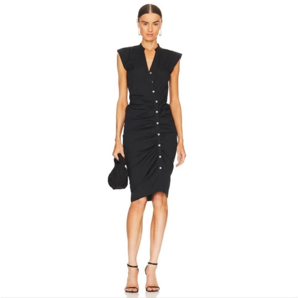 Veronica Beard Black Ruched Asymmetrical Button-Down Shirt Dress